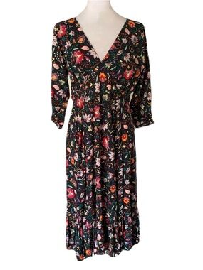 Tamga Women’s Medium V Neck Black Colorful Floral Tie Sleeve Midi Dress Femine